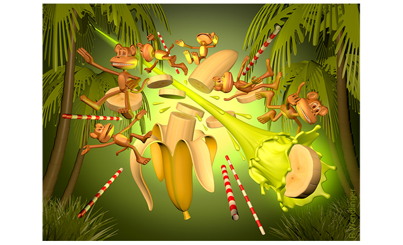 3d Darstellung, Affenhorde im Dschungel, Banane und Strohhalme