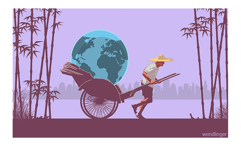 Rikschafahrer transportiert Globus