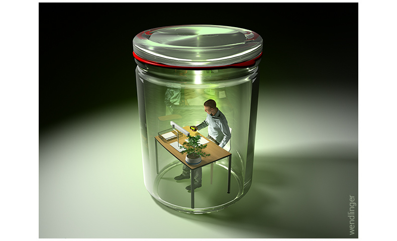 3d Darstellung,Mann am Schreibtisch in einem Einmachglas